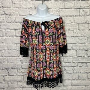 Mechant Small Boutique Multicolor Fringe Off the Shoulder Tunic Mini Dress